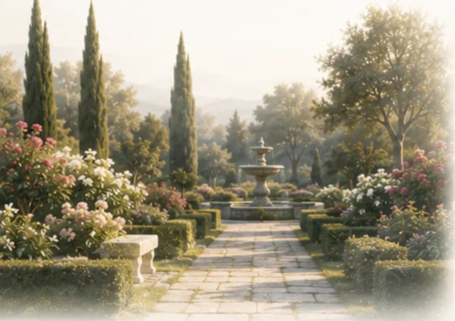 Un jardín sereno con una fuente, al atardecer